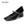 Fashion French Style Black Mary Janes Women's Mid Heel Pumps with Rhinestone Ankle Strap Chunky Square Toe Fashion Work Shoes for Women