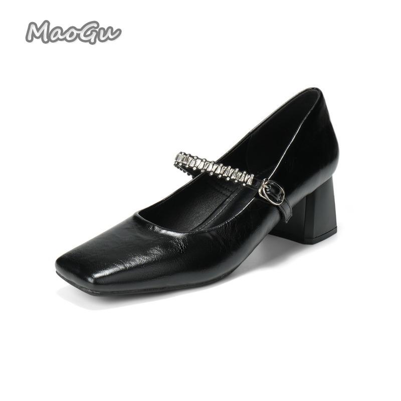 Fashion French Style Black Mary Janes Women's Mid Heel Pumps with Rhinestone Ankle Strap Chunky Square Toe Fashion Work Shoes for Women