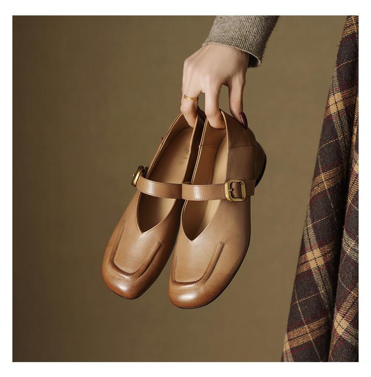 Great to wear French single shoes women's retro square head one-word buckle Mary Jane shoes women's round head low heel medium heel thick heel