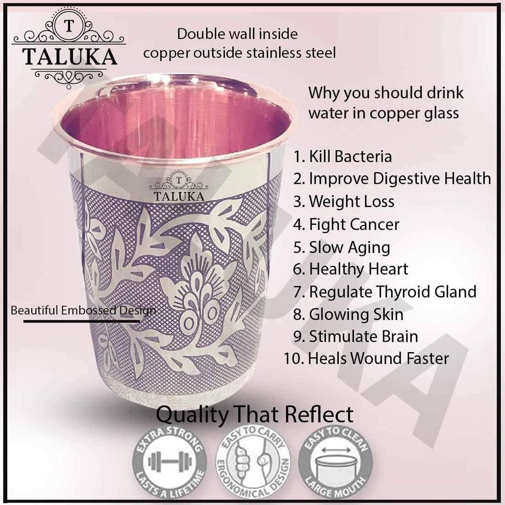 Set of 4 Etching Embossed Design Steel Copper Glass Tumbler Cup, Drinkware Serveware, Health Benefits Ayurveda Yoga
