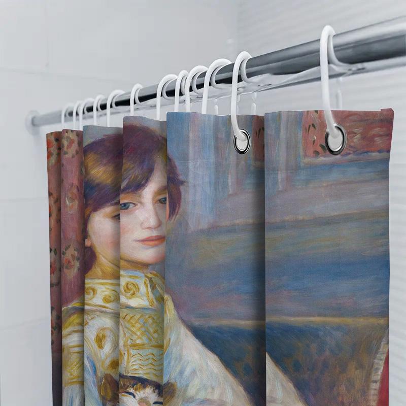 Charming Retro Style Oil Painting Shower Curtain For Home Decor Blue Color With Cat And Woman Design Art Print Waterproof 3D Fab