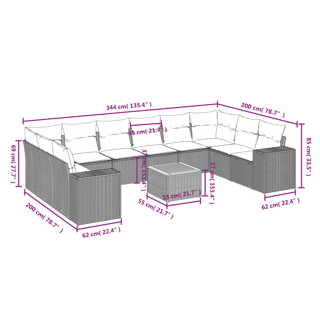 Vidaxl 11-Cz. Juego de Muebles de Jardín con Cojines, Beige, Ratán Sintético