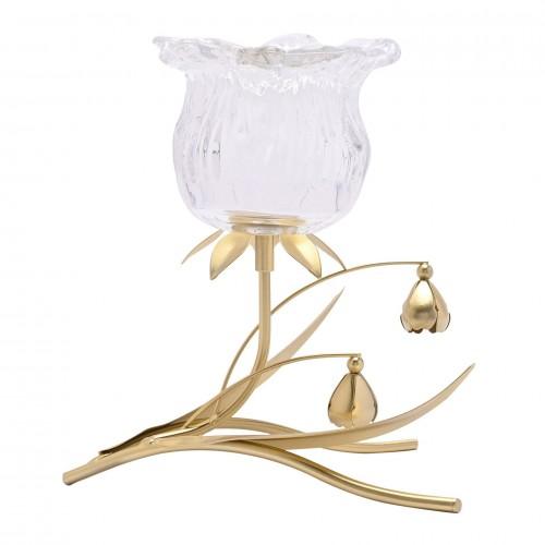Hestia Single Stem Clear Glass Flower Candle Holder With Gold Stem