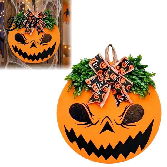 Outdoor Wall Art for Halloween Spooky Pumpkin Front Door Sign Round Decorative Wreath Hanger with Indoor Seasonal Decor Bow Wooden Hanging