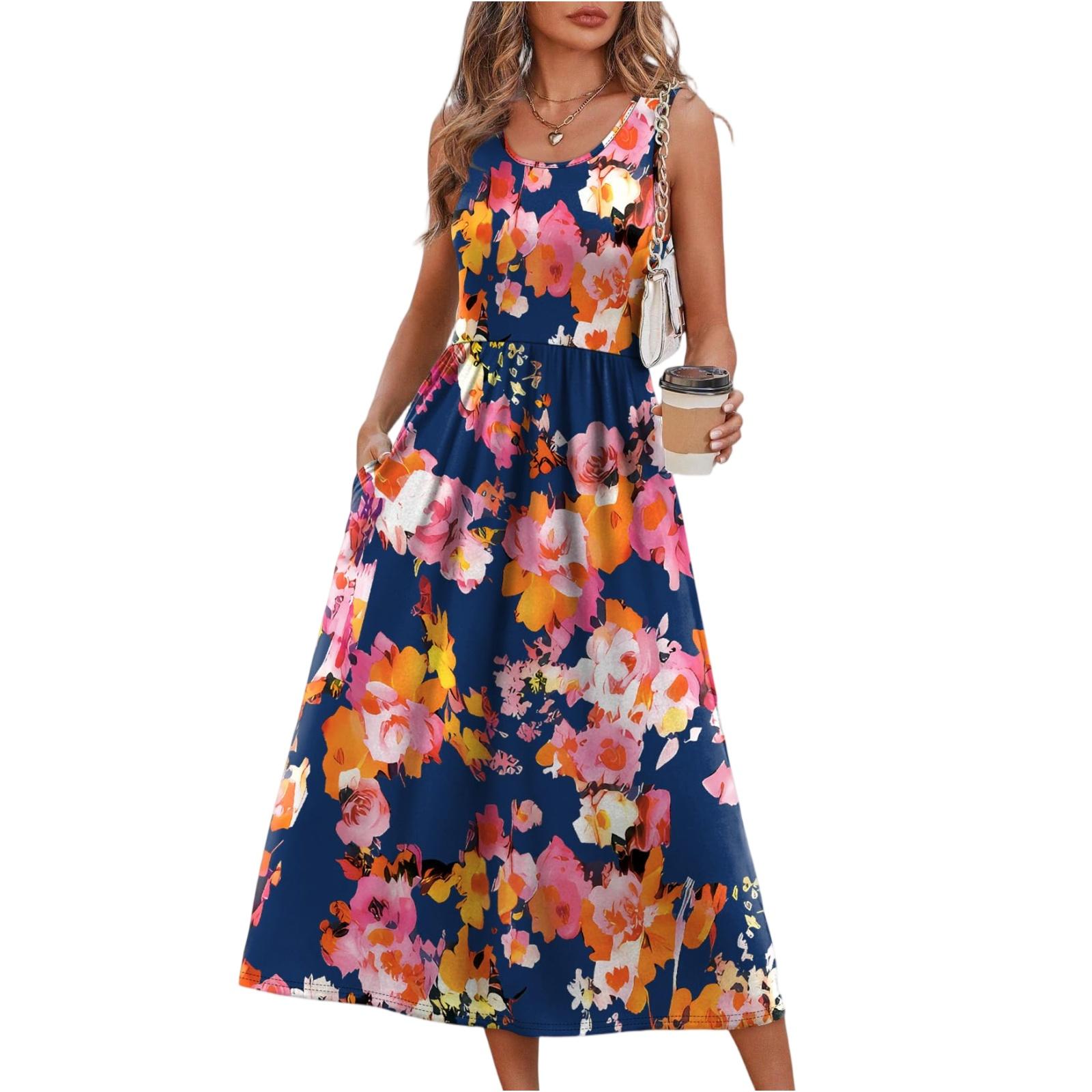 

Summer Dresses For Women Flowy Casual Midi Dress Beach Vacation Sundresses With Pockets M