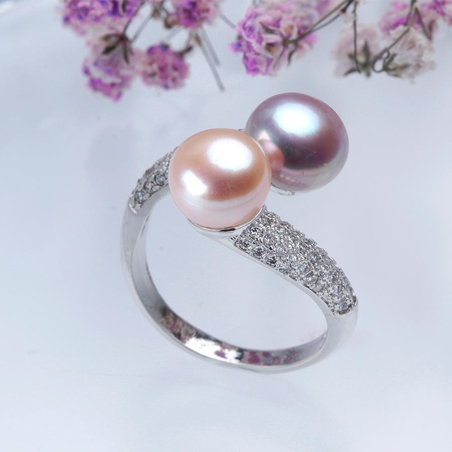 New Double Pearl Adjustable Natural Freshwater Pearl Original 925 Silver Zircon Women's Ring Fine Bridal Jewelry