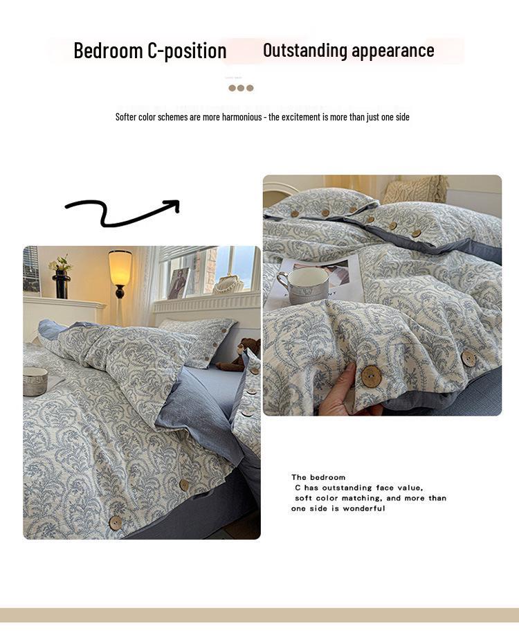 Retro Floral Linen Bedding Set: Autumn & Winter 4-Piece with Button Duvet Cover & Sheet