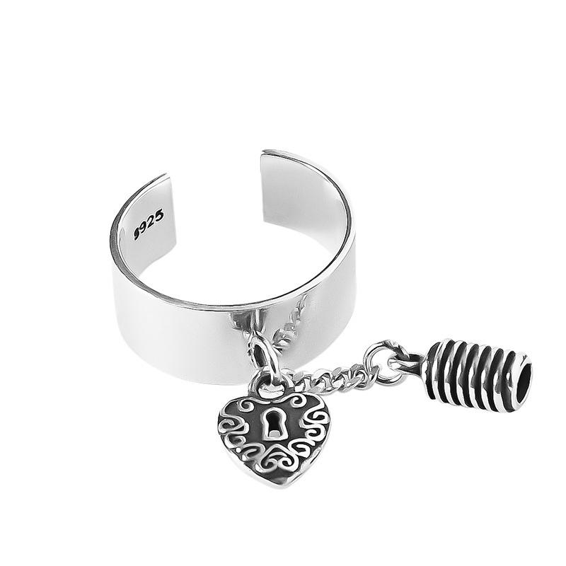 Vintage 925 Elegant Sterling Silver Heart Lock Open Adjustable Ring Women For