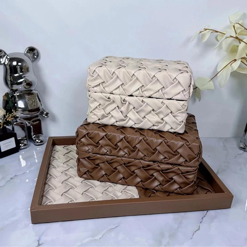 Handmade Luxury Jewelry Box Leather Weave Storage Boxes Necklace Organizer Jewelry Display Case Portable Ornaments Bedroom Packaging Art Boxes Gifts