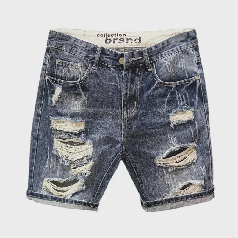 Pánské retro džínové šortky s trháním v japonském stylu: Letní trend, Rovný střih, Ležérní móda, Střední délka.