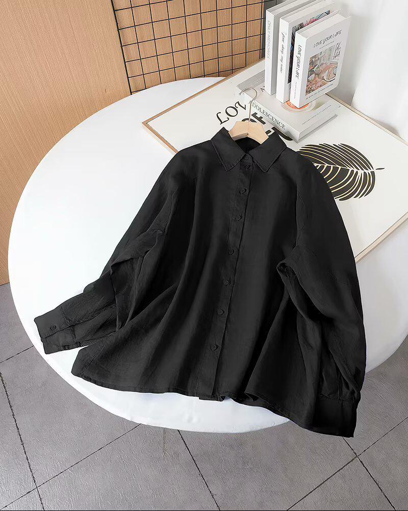 

Spring/Summer Women s Loose Turn-Down Collar Shirt with Drop Shoulder Sleeves 36 чёрный