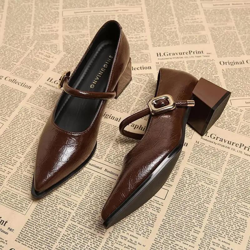 Fashion 2025 Spring Style Pointed Toe Square Heel Versatile Style Single Shoes Women's Shoes Medium Professional Buckle Dress High Heels