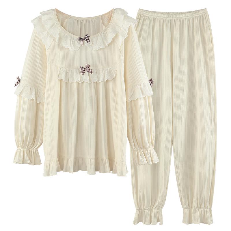 Tiruxin Women's Ribbed Long Sleeve Pajama Set - Retro Princess Court Style