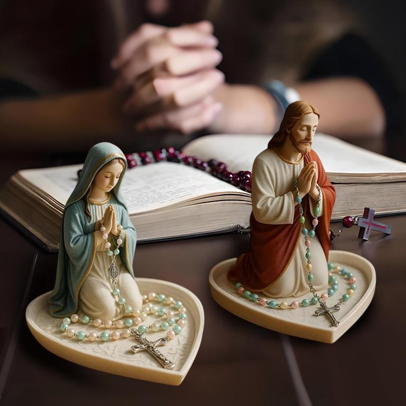 Virgin Mary Rosary Holder,Elegant Our Lady Prayer Rosary Box Religious Gift Catholic Gift, Mary And Jesus Heart Statue Tray