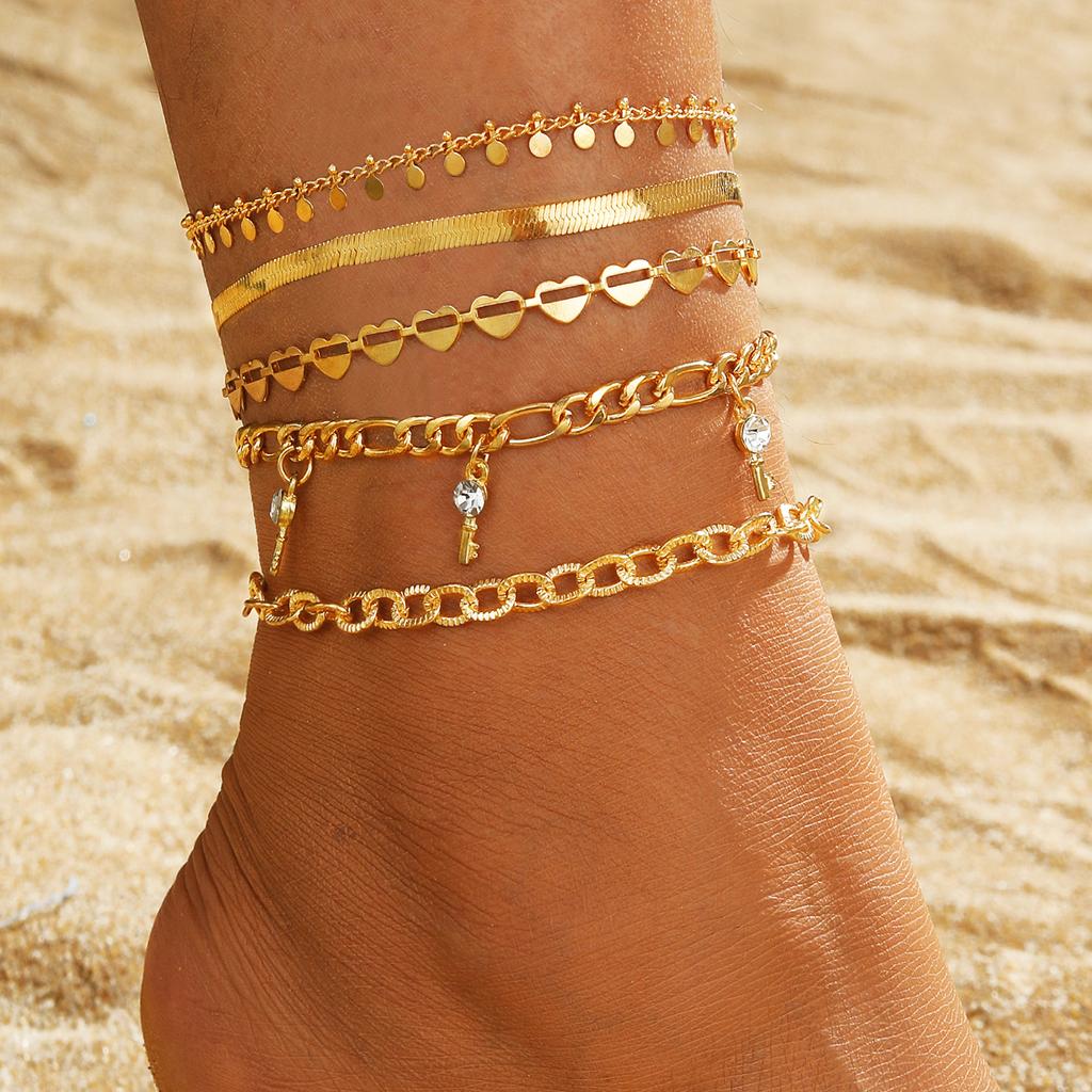 Snake Chain Love Diamond Anklet 5 Piece Gold Artificial Diamond Pendant Love Hollowed Out Lock Chain Snakebone Chain Girls Bracelet Anklet Accessories