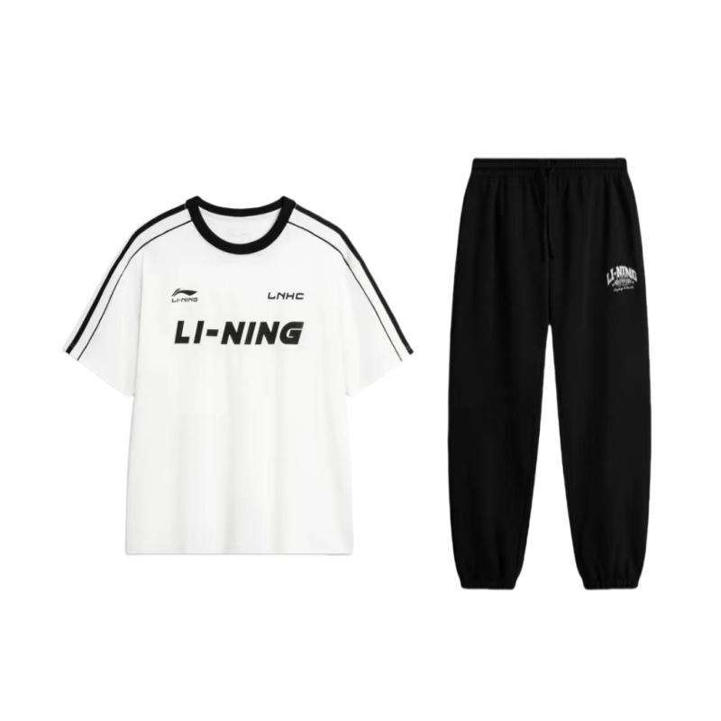 

Li-Ning Футболка с полосатым принтом и надписью, с круглым вырезом, свободная, удобная, с коротким рукавом и длинные брюки с манжетами на кулиске, повседневный спортивный комплект AHSU657-1+AKLU939-4 S