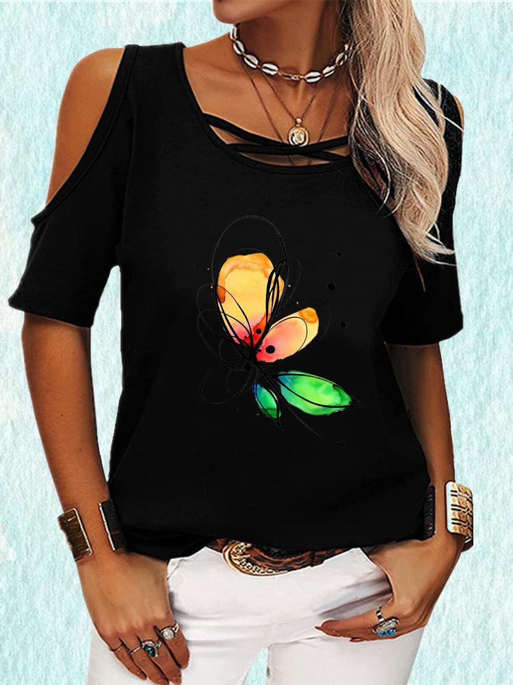 Off Shoulder Women Tee Shirt Casual Short Sleeve Top Round Neck T-shirt Summer Print Tee Shirt