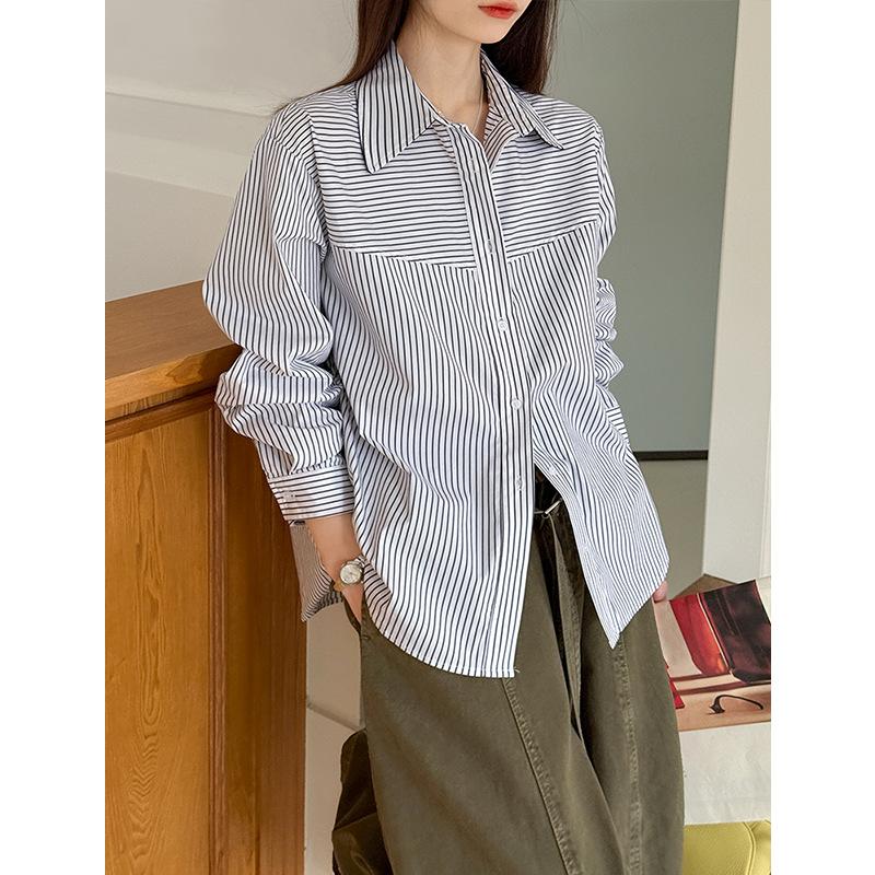 Tachibana Spring New Blue Shirt Stacked Shirt Commuter Temperament Striped Long Sleeve 8111