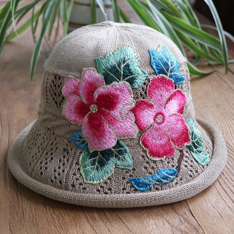 Vår og sommer etnisk vind broderi blomst sammenleggbar hatt dame strikkelue sandbøttehatt