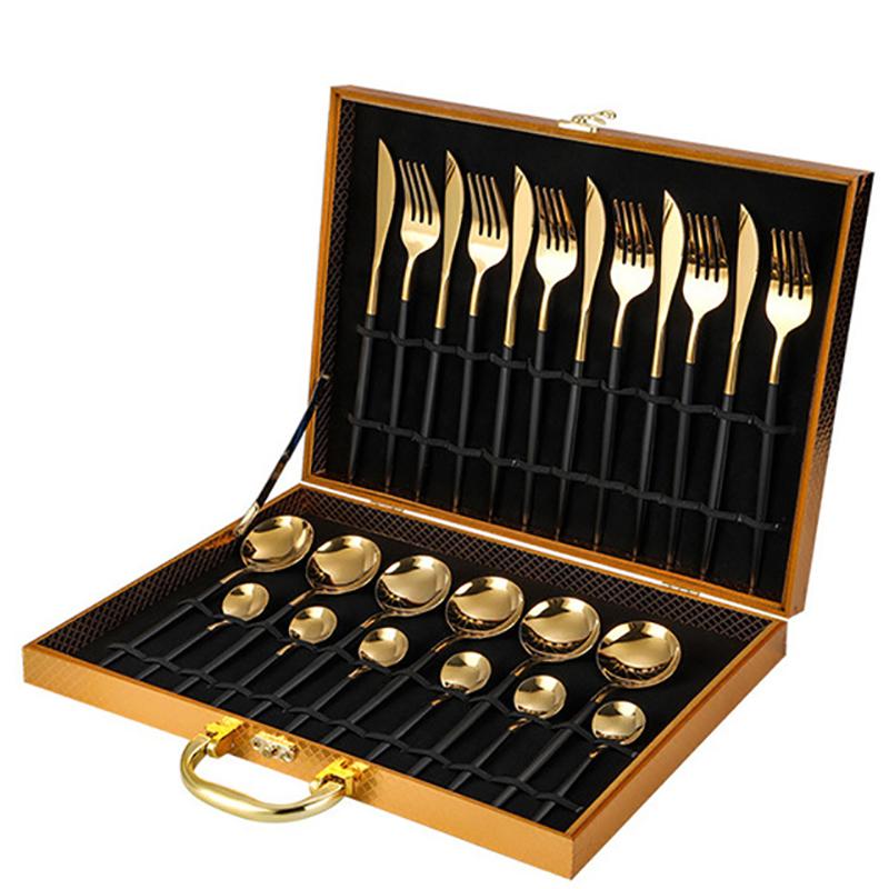 24PCS Cutlery Set Stainless Knife Fork Spoon Flatware Tableware Set Gold Gift Box Portable Dinnerware Dishwasher Kitchenware