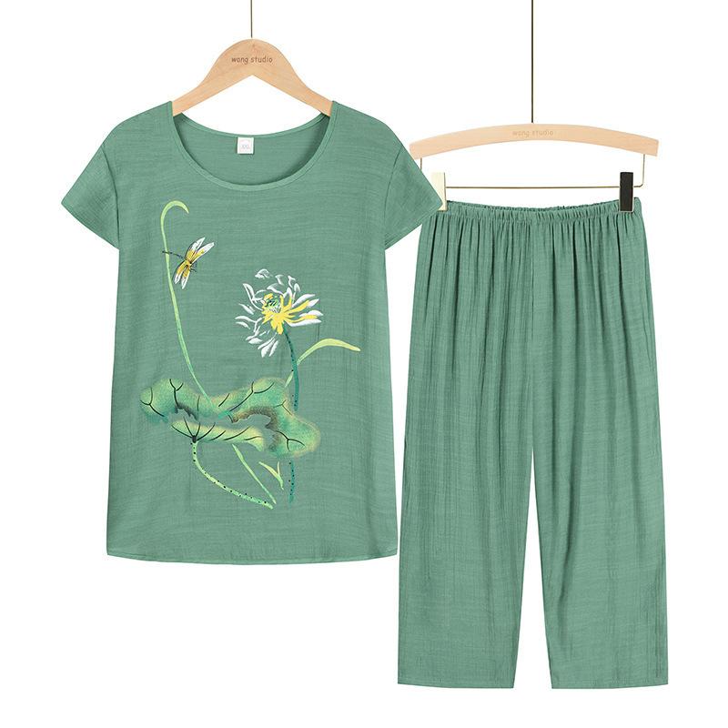 Women Summer Short Sleeved Suits Flower Printing Plus Size Pajamas Nightwear