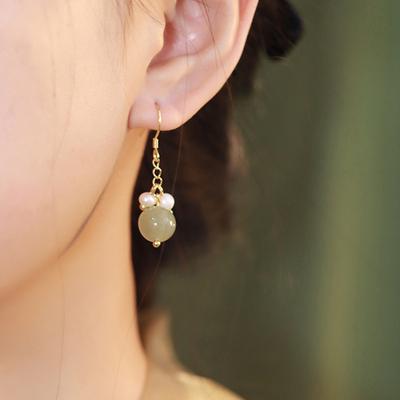 Vintage Hetian Jasper Pearl Earrings Women'S Long Thin And Cold Fashion Wheat Ears Jade Ear Hooks
