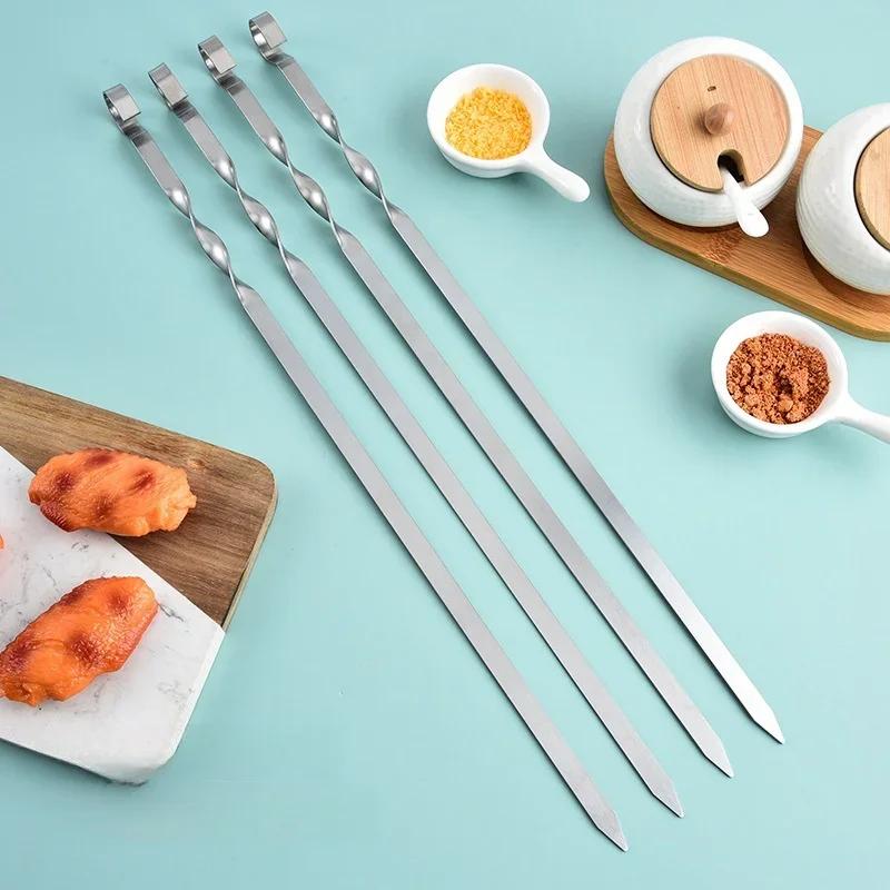 6Pcs BBQ Skewer Stainless Steel Wide Barbecue Sticks Flat BBQ Fork Outdoor Camping Picnic BBQ Utensil Kitchen Accessories