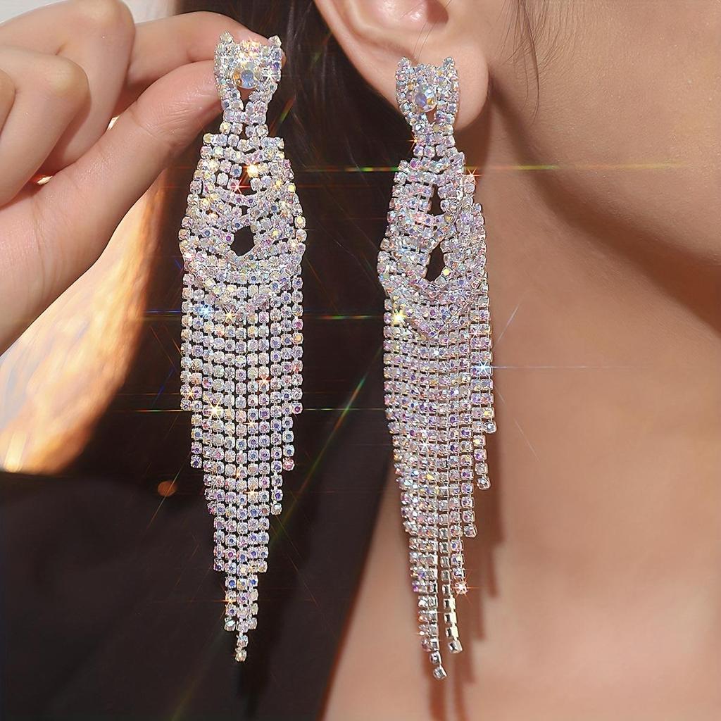 Luxury Rhinestone Tassel Clip-On Earrings for Women - Bridal Accessories