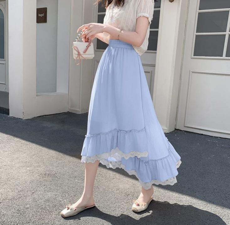 Elegant Lace Trim A-Line Skirt – Summer Women's Asymmetrical Flared Hem Maxi Swing Skirt with Draped Sweet Design