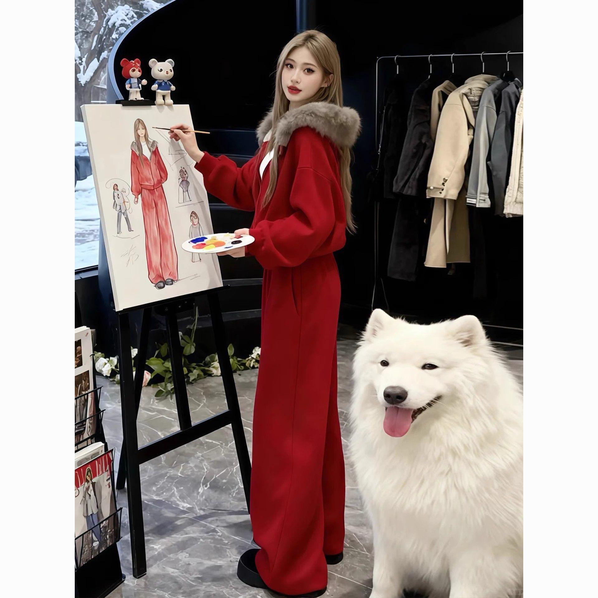 Velvet-Lined Fur Collar Jacket & Wide-Leg Pants Winter Set S