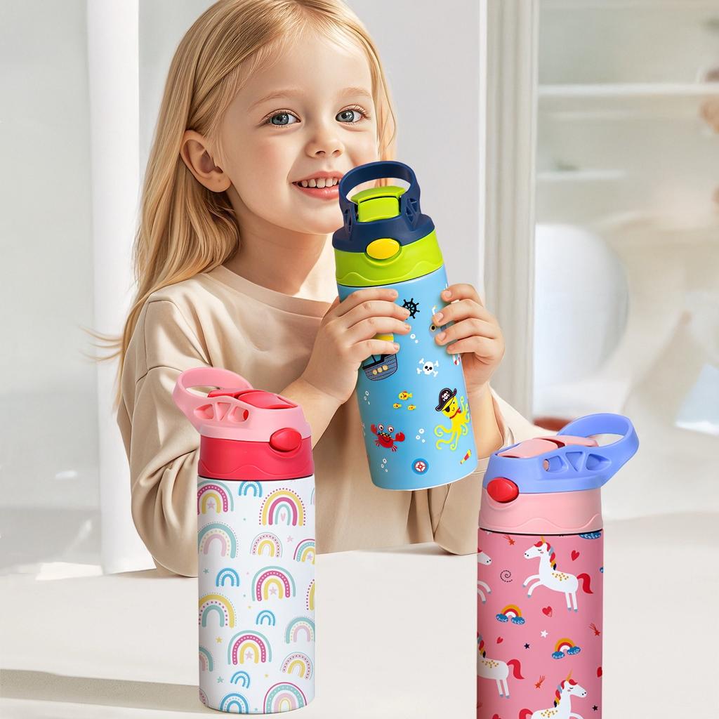 350ml Cartoon-Muster Vakuumbecher Kinder Isolierte Wasserflasche Niedliches Tier Stroh Thermoskanne Handgehaltene Kanne für Outdoor Schule