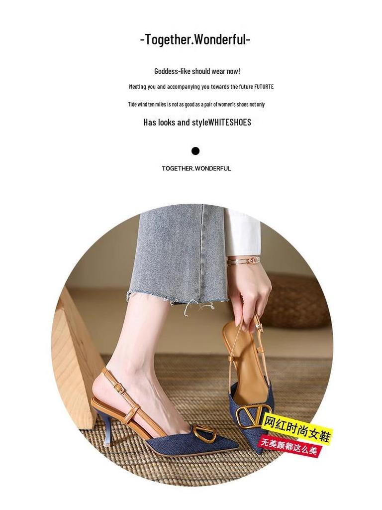 Korean Style Elegant Pointed Toe Stiletto Heel Denim Sandals for Spring and Autumn