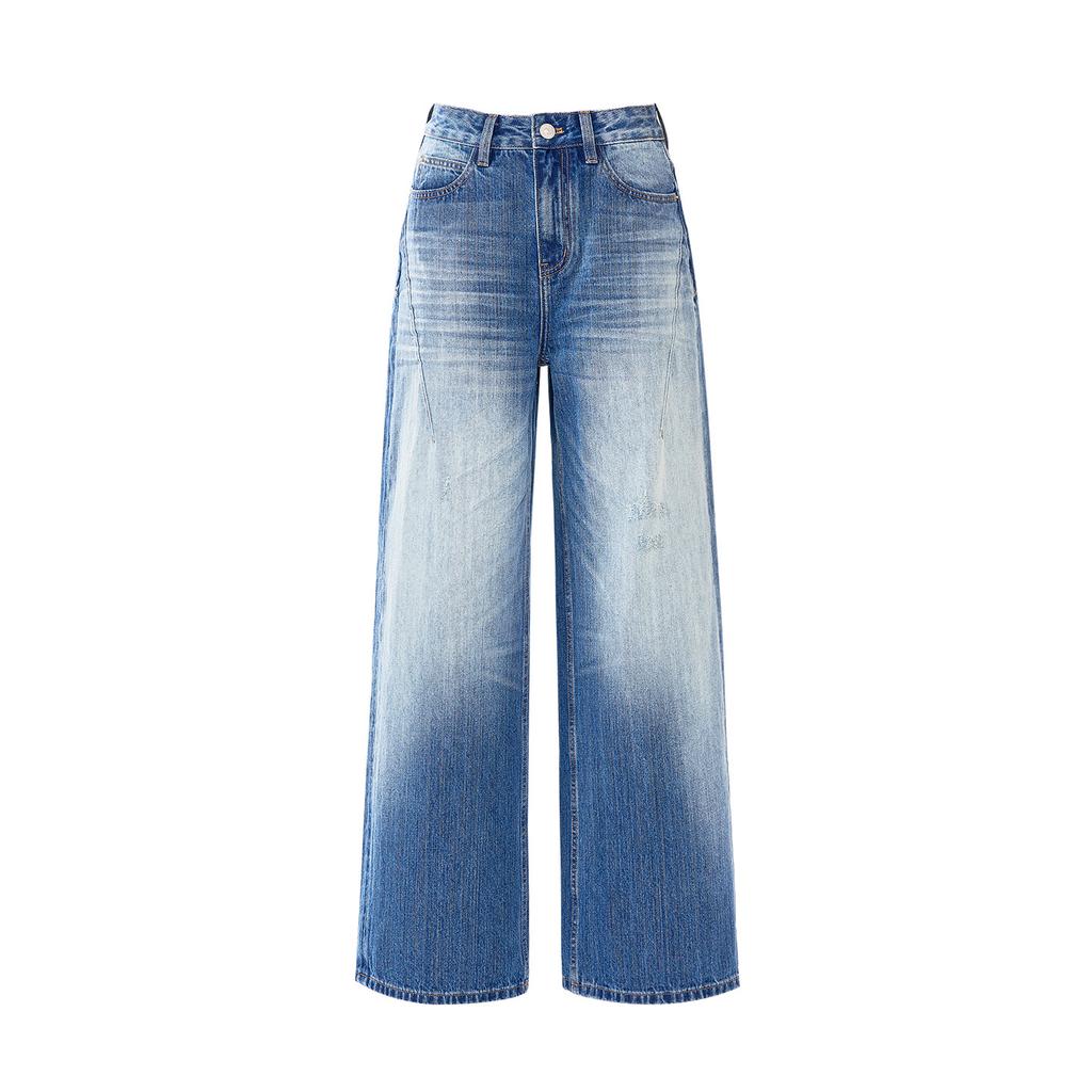 Washed blue high street loose wide-leg jeans women's autumn drop-down high-waisted American design drape trousers