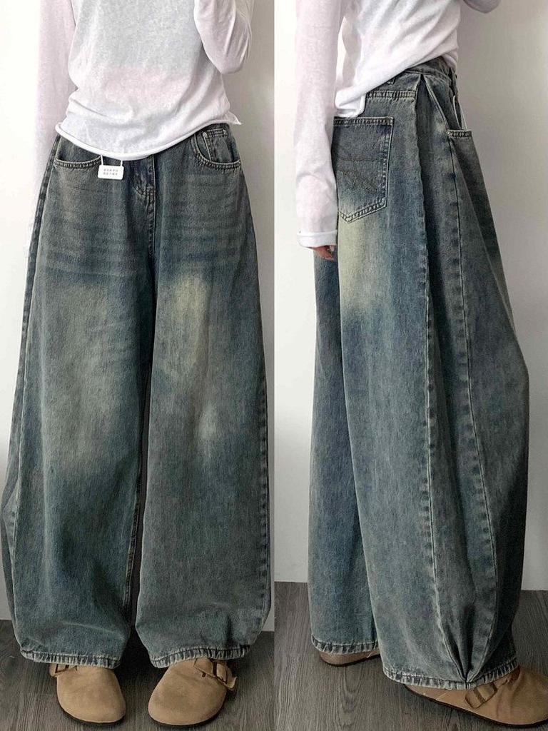 Women's Designer High-Waisted Pleated Wide-Leg Jeans - Summer Retro Washed Drapey Floor-Length Style