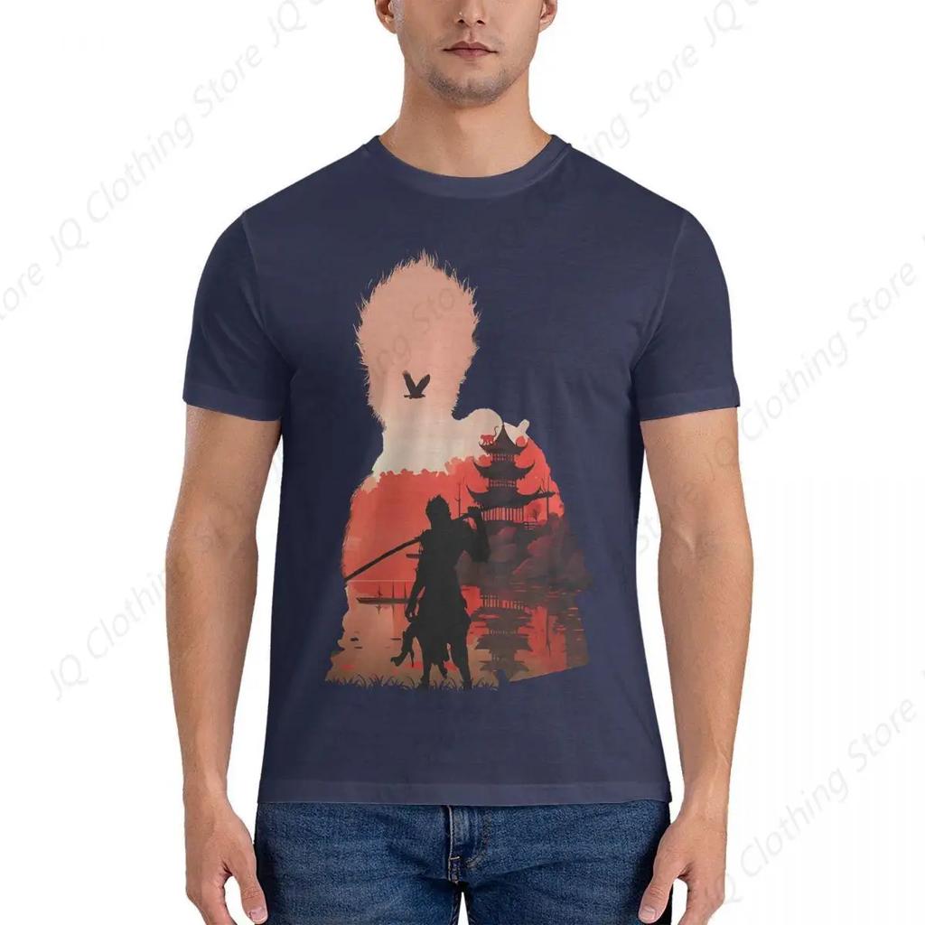 Men Negative Illusion Photographic Print T Shirts Black Myth Wukong Pure Cotton Clothing Cool Short Sleeve Round Neck