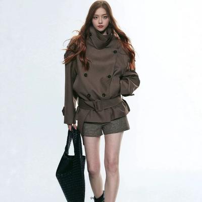 Retro Stehkragen Taille Kurz-Trenchcoat Damen Neue Zweireihige Jacke