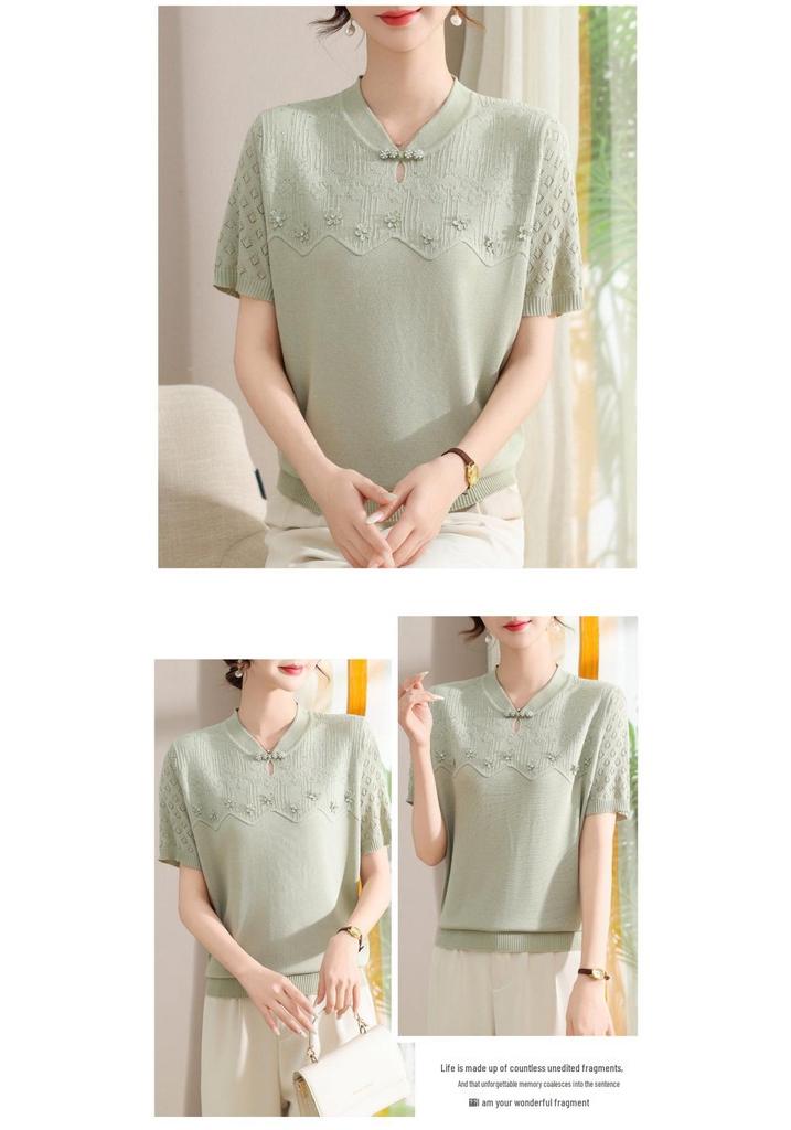 Chic Knitted Short Sleeve Summer Top for Women - Age-Defying Fashion for Middle-Aged and Elderly