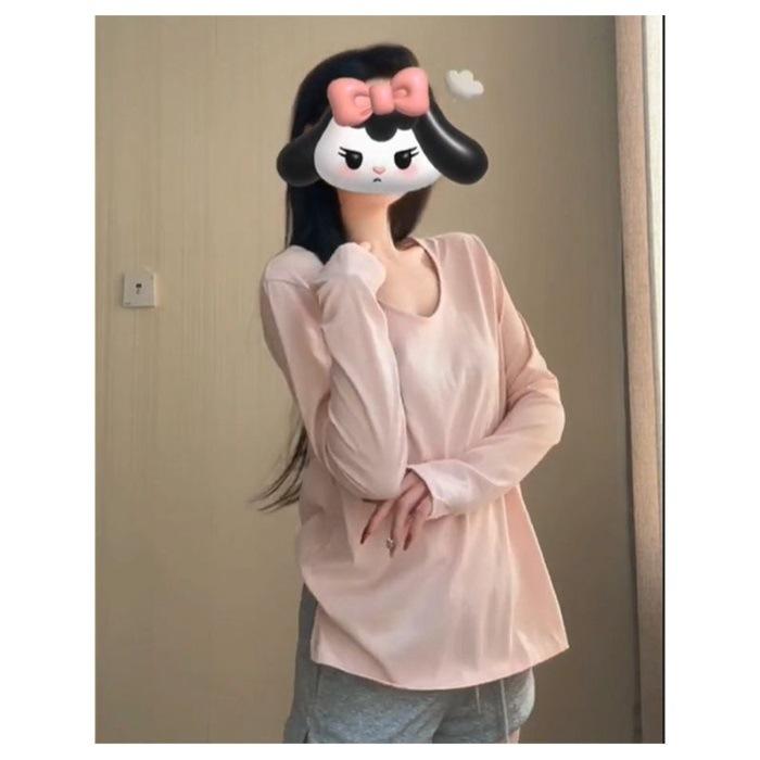 

Paper person snowflake cotton big u-neck sunscreen blouse women s spring and summer loose meat covering and thin split-ended long-sleeved base S