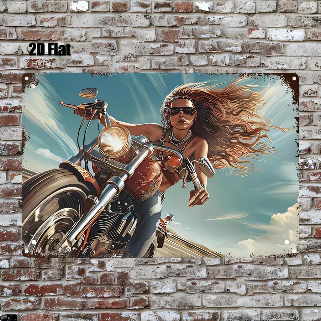 Tin Sign Flat Motorcycle Girl Riding Through Wind Vintage Metal Wall Decor Plaque for Garage Bar Man Cave Cafe Home Art Ret