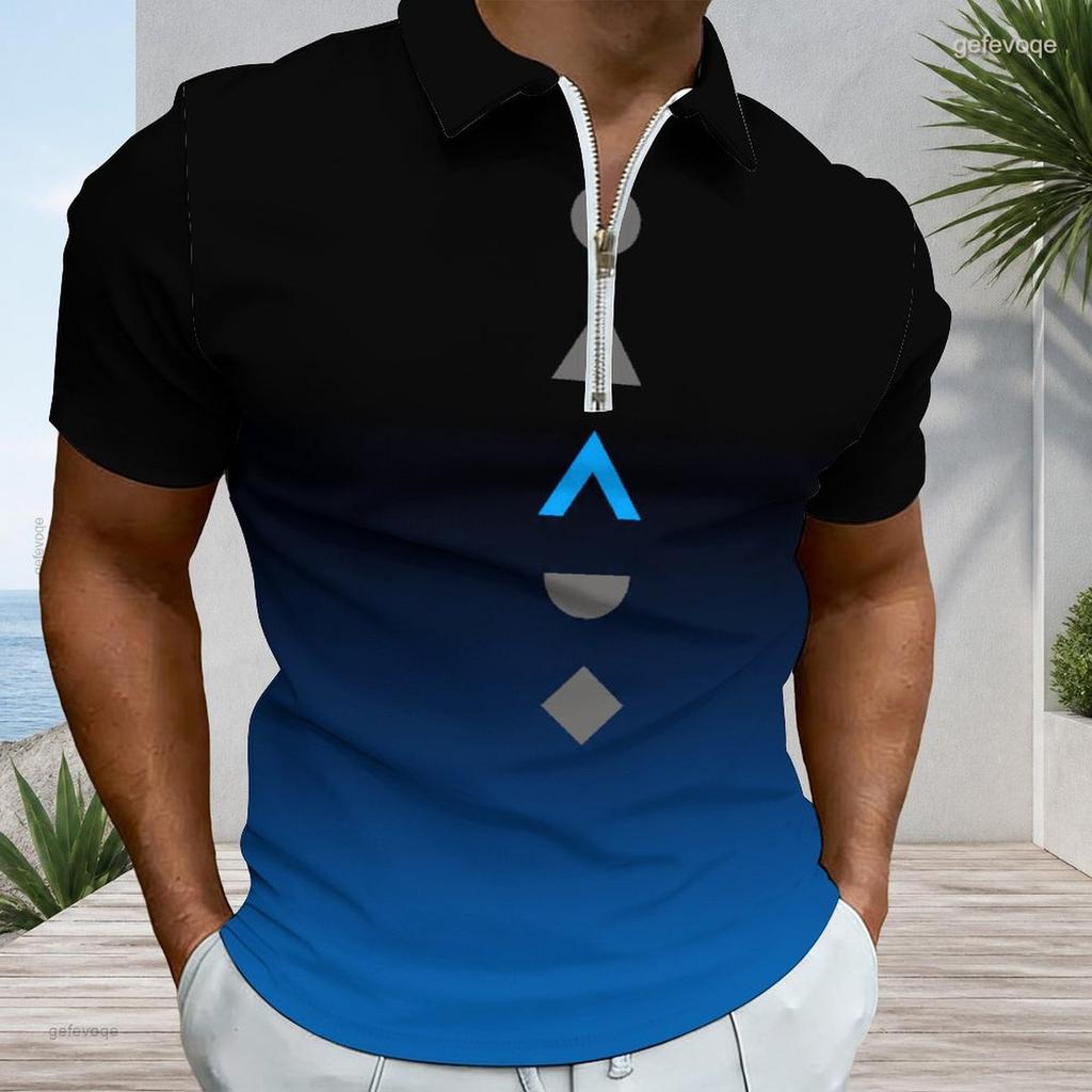 Men s Plus Size Short Sleeve Collared Quarter Zip Polo Shirt Marble Print Blue Brown White