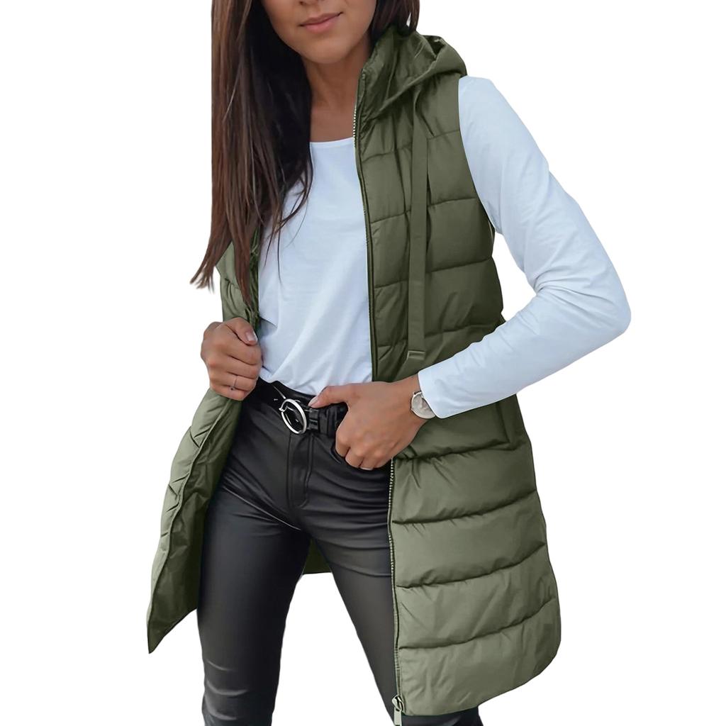 Damen Lange Weste Einfarbig Ärmellos Kapuze Winterweste Oberbekleidung Jacke Leichter Warmer Mantel Oberbekleidung