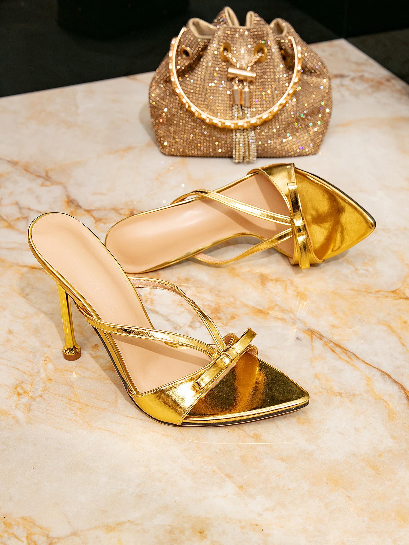 

Женские босоножки на высоком каблуке, женская обувь золотого цвета, тонкий высокий каблук, один ремешок, остроносые простые босоножки на высоком каблуке, простая женская обувь на высоком каблуке 42 золотой