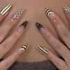 24Pcs Almond Shape False Nails Brown Stripes Pink Flowers Fake Nails Wearable Full Cover Nails Tips Acrylic Nail Tips False Nail
