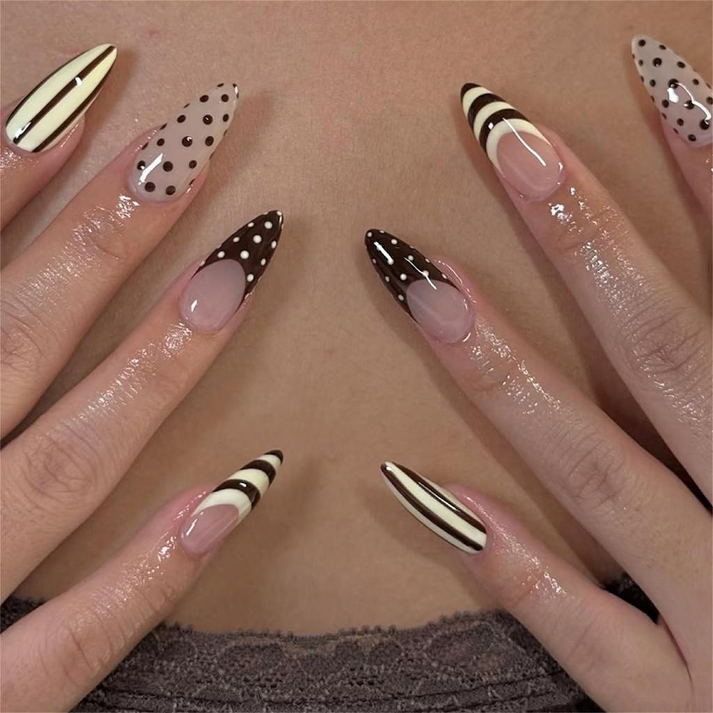 24Pcs Almond Shape False Nails Brown Stripes Pink Flowers Fake Nails Wearable Full Cover Nails Tips Acrylic Nail Tips False Nail