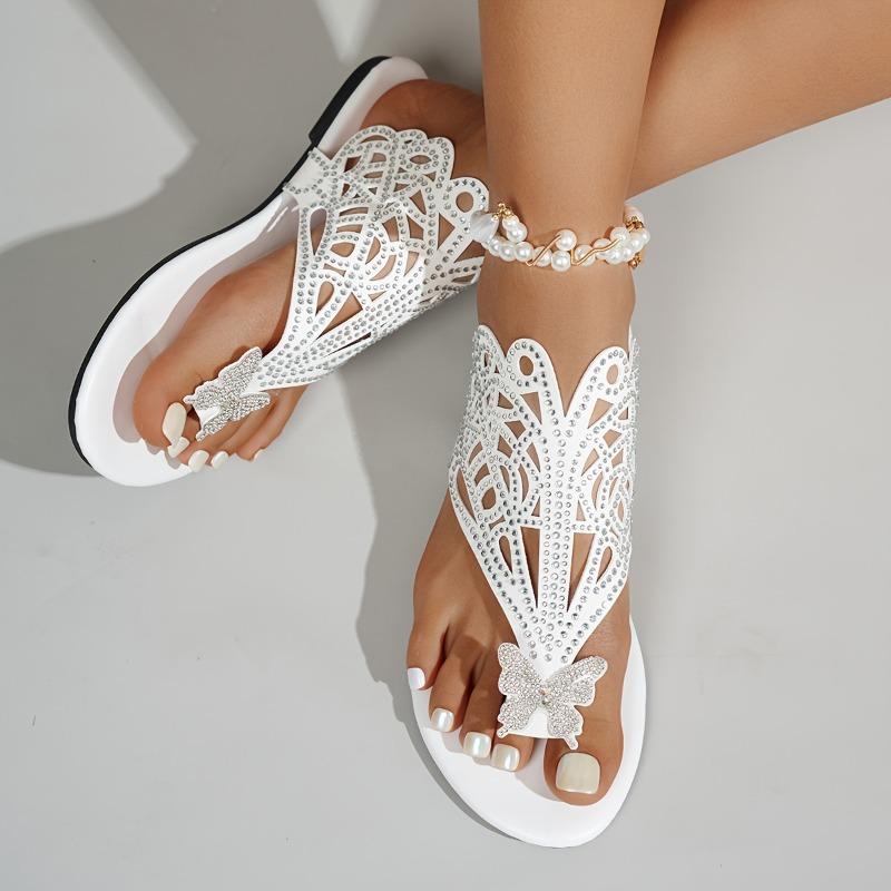 Women's Ethnic Butterfly Slip-On Sandals: butterfly, split-toe, cushioned sole, all-season. For casual outings, parties, beach.