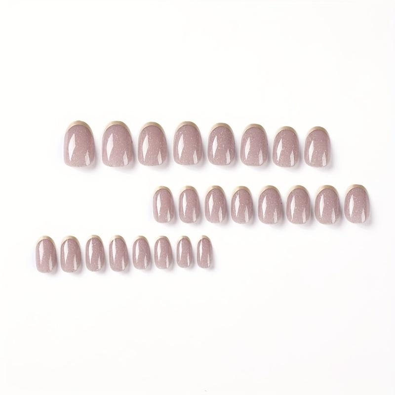 24pcs Glossy Nude Glitter Press On Nails with Golden Edge and Full Cover Medium Oval Design - Easy To Apply and Remove with Glue Sticker and Nail File