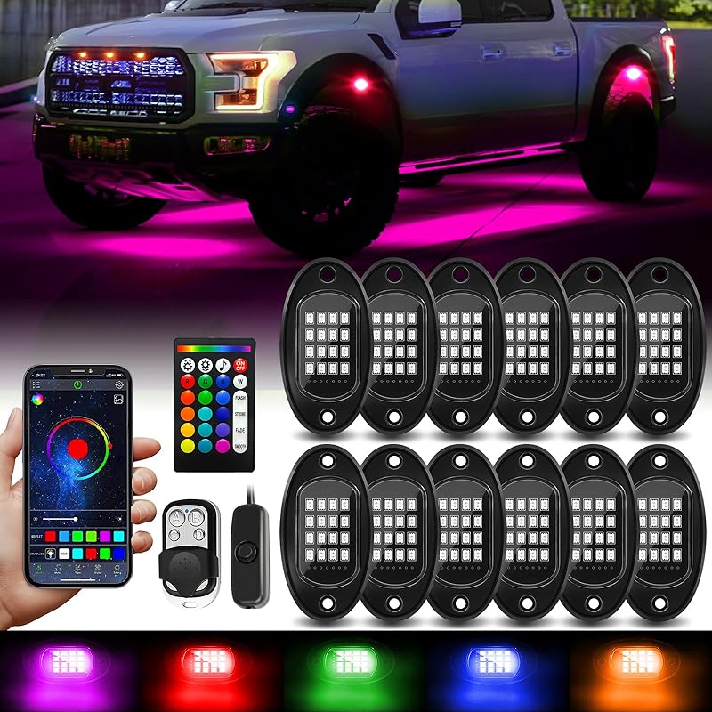 8 Pods RGB LED Rock Lights with APP/RF Remote Control High Brights Waterproof Underglow Multicolor Zone Neon Exterior Rock Lights for 12V Trucks Jeep
