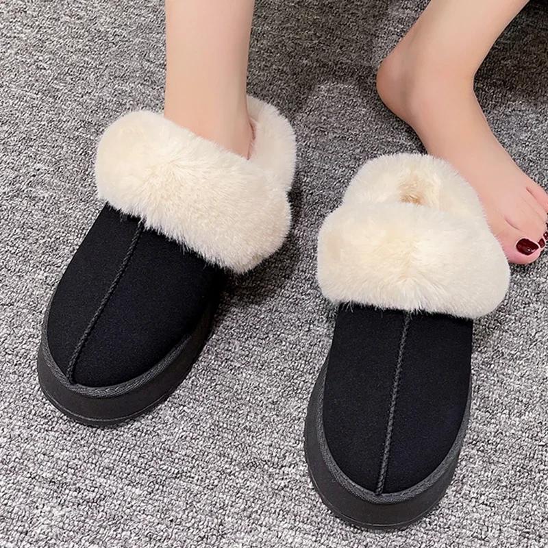 Fashion Women Thick Sole Faux Fur Slippers Winter Plush Warm Cotton Shoes Woman Indoor Outdoor Non Slip Fluffy Platform Slippers 2024