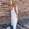 Suspenders Jumpsuit Summer Women V Neck Sleeveless Loose Wide Leg Button Decor Pure Color Deep Crotch with Side Pockets Casual Vacation Homewear