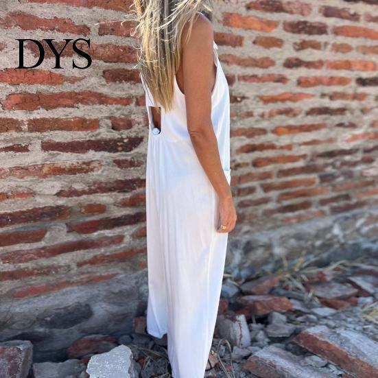Suspenders Jumpsuit Summer Women V Neck Sleeveless Loose Wide Leg Button Decor Pure Color Deep Crotch with Side Pockets Casual Vacation Homewear